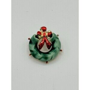 Ceramic Jewelry Brooch Pin Beatrix Christmas Wreath Gold Tone Red Bow Green